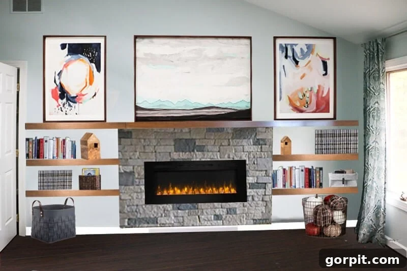 diy electric fireplace planning mockup illustrating placement of shelves