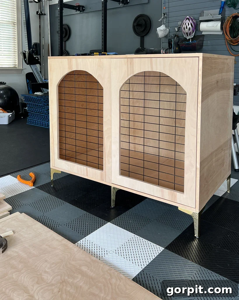 assembled DIY dog crate that looks like furniture