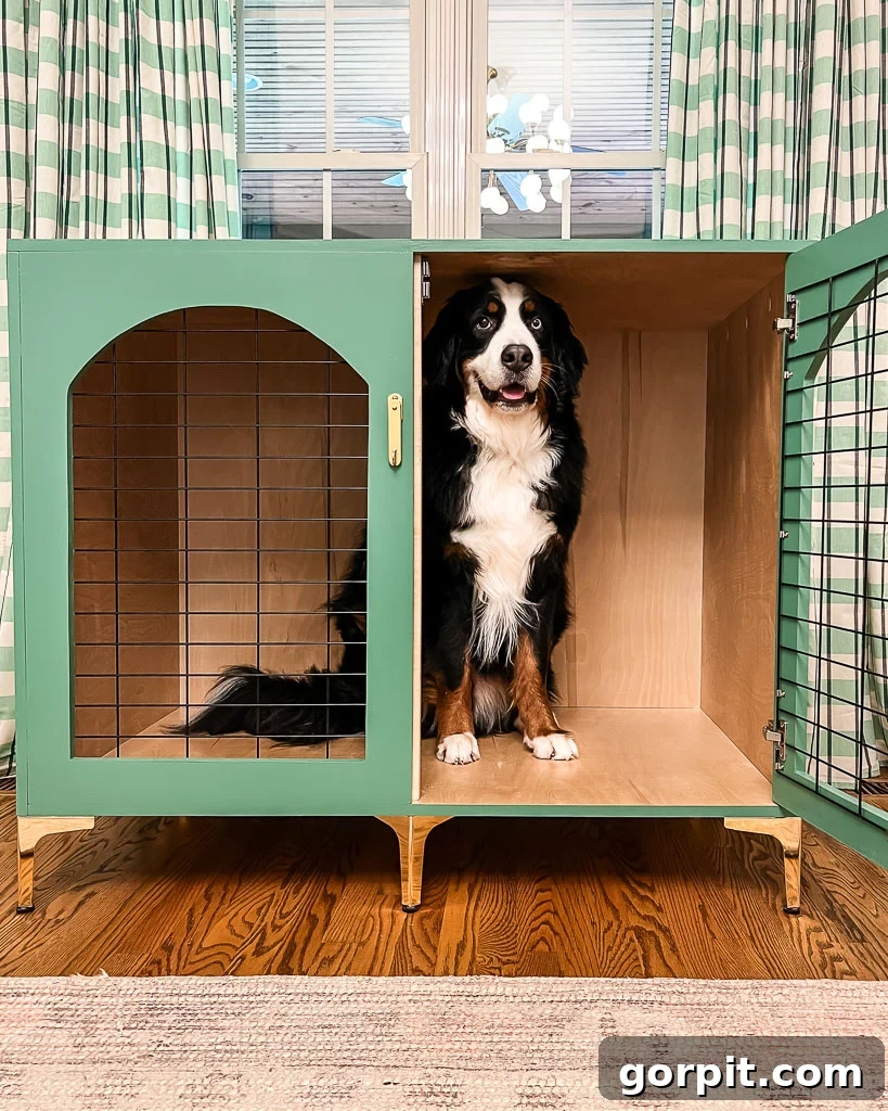 Bernese Mountain Dog inside a DIY wood dog crate painted green with brass accents