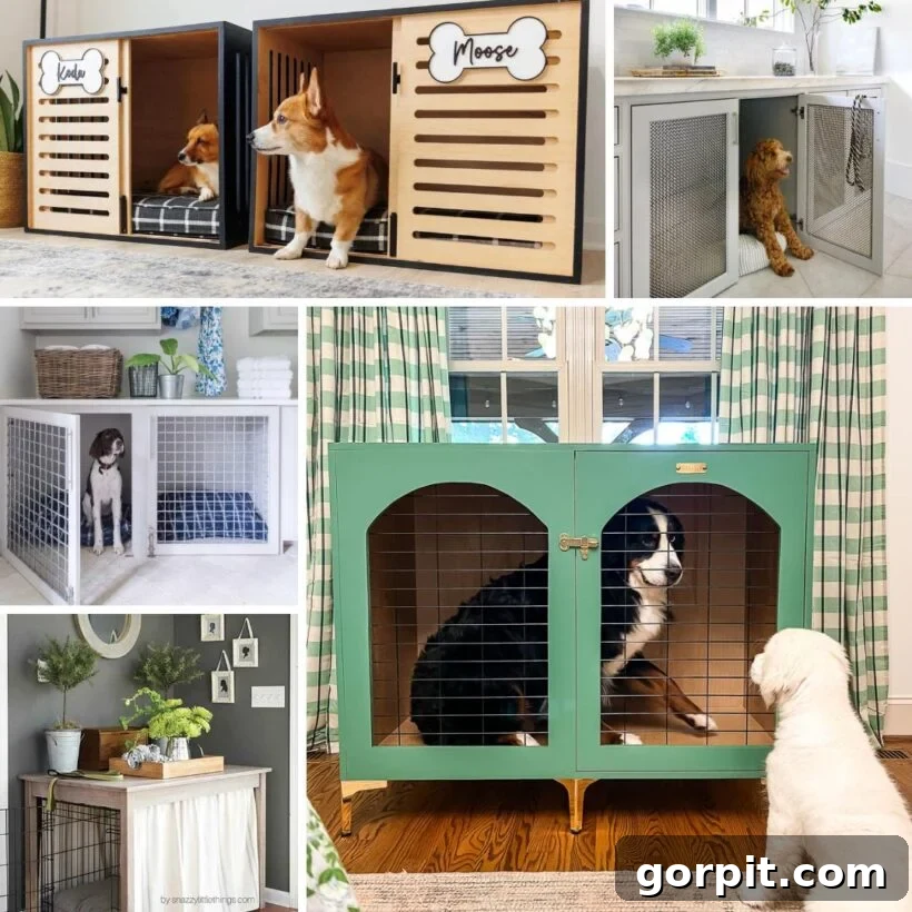Collage showcasing five distinct DIY dog crate ideas, ranging from rustic wood to modern integrated designs, demonstrating how they can enhance home decor.