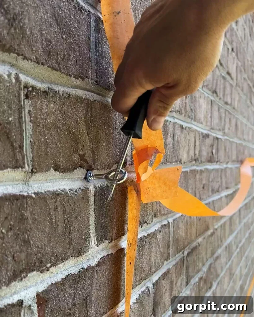 installing screw eye hook into exterior brick wall for DIY wire trellis