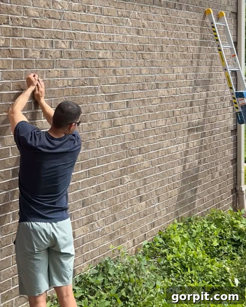 installing galvanized wire rope for trellis on exterior brick wall of home