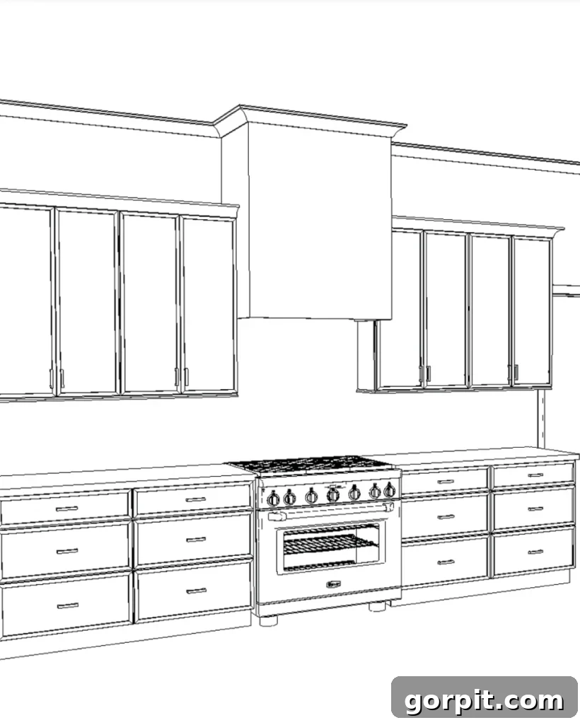 Rendering of modern kitchen perimeter cabinets with ample counter space and integrated appliances