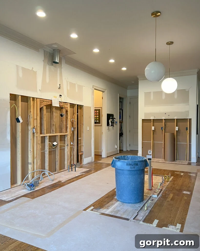 Photo of demolished kitchen, with cabinets removed, preparing for the full renovation