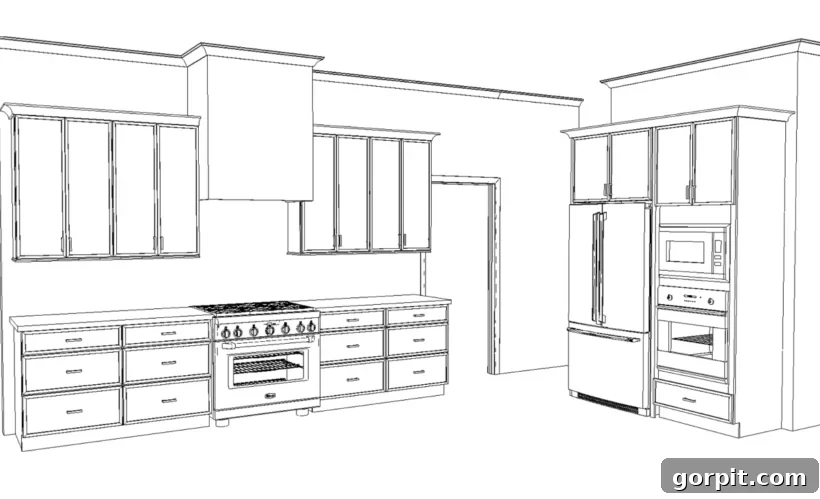 Detailed new kitchen layout showing perimeter cabinets with expanded counter space around the range and sink