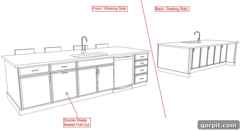 Rendering of kitchen island cabinetry, showcasing new storage solutions and a single-level design