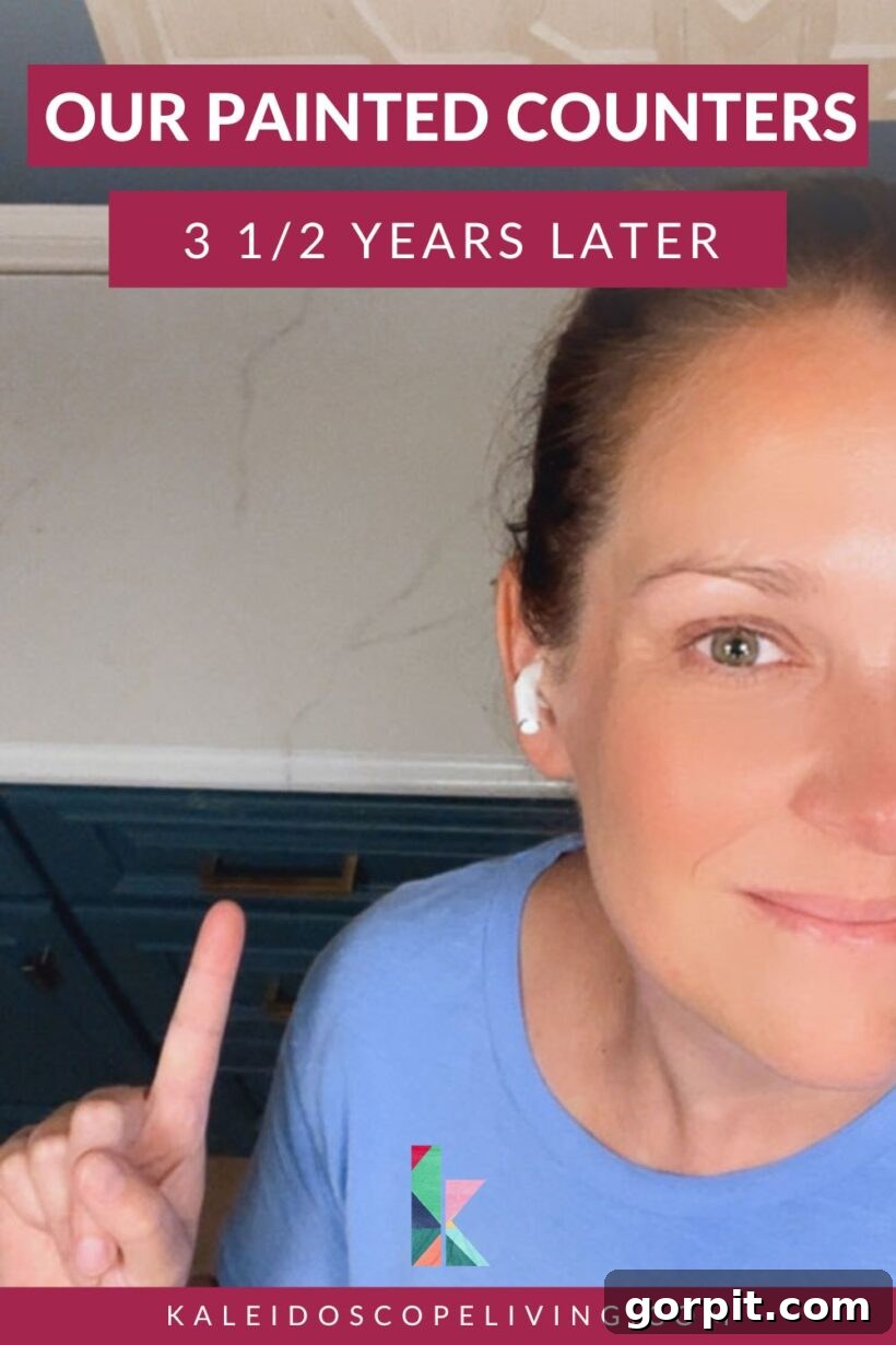 Painted Countertops The Long Haul Report 2 Woman pointing at painted kitchen countertop with text overlay "Our Painted Counters 3 1/2 Years Later"