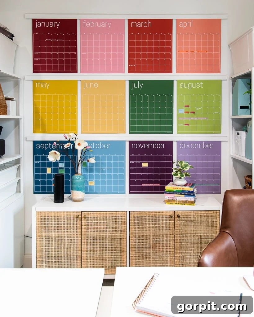 Build Your Own Faux Large Poster Hangers 2 colorful wall calendar hanging in office from faux oversized poster hangers