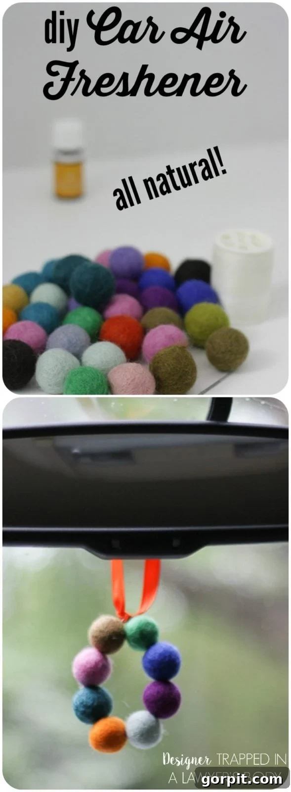 A two-picture graphic that reads, "DIY Car Air Freshener all natural" over a group of felt balls on a table and the final craft hanging from a rearview mirror. 