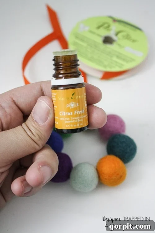 A hand holds a bottle of essential oils in Citrus Fresh scent over a circle of felt balls and a spool of orange ribbon. 