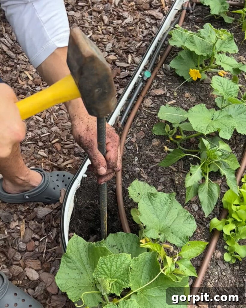 A person is using a heavy-duty mallet to precisely drive a piece of rebar into the ground next to a raised garden bed, preparing for a DIY trellis installation.