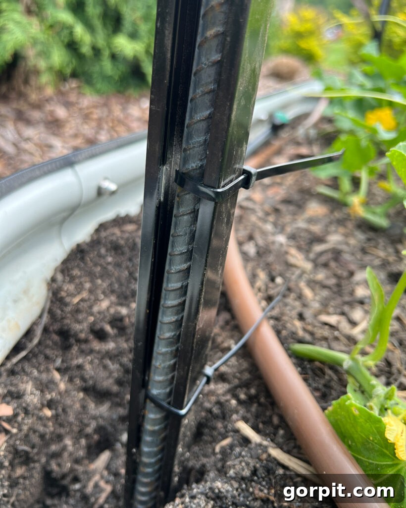 A black heavy-duty zip tie is shown securing a metal fence panel to a rebar stake, demonstrating a key step in constructing a modern DIY garden trellis for enhanced stability.