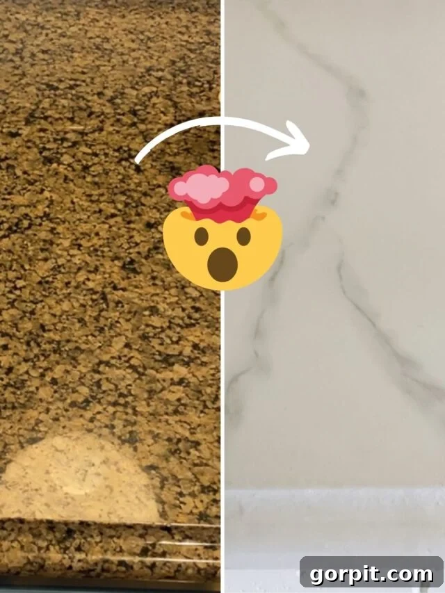 Before and after image displaying a dramatic transformation of brown granite countertops that were skillfully painted to mimic the luxurious appearance of marble, illustrating the effectiveness and beauty of countertop painting kits.