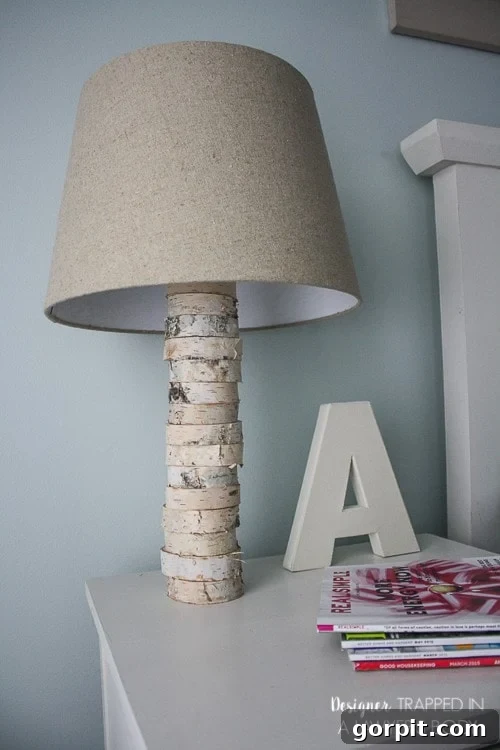 Side View of the Completed DIY Stacked Wood Lamp with Lampshade