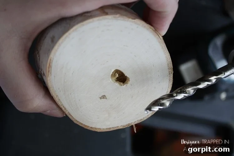 Drilling a Vertical Hole from the Top of the Wood Slice to Meet the Side Hole
