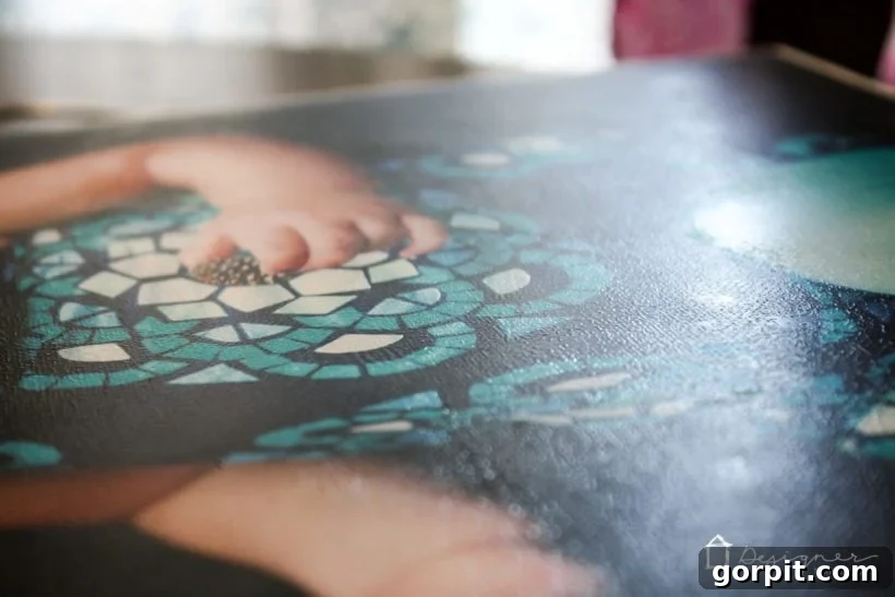 Dried DIY photo canvas displaying authentic canvas texture from stamping method