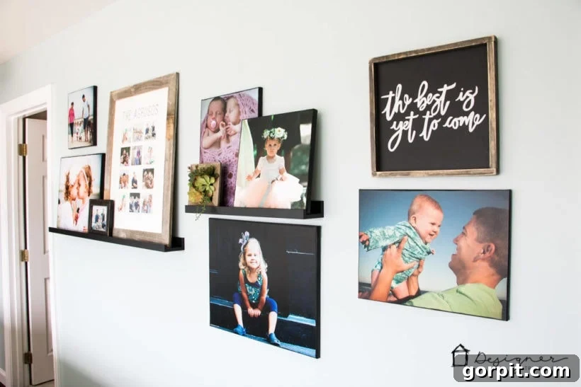 Gallery wall featuring ledges and DIY photo canvases