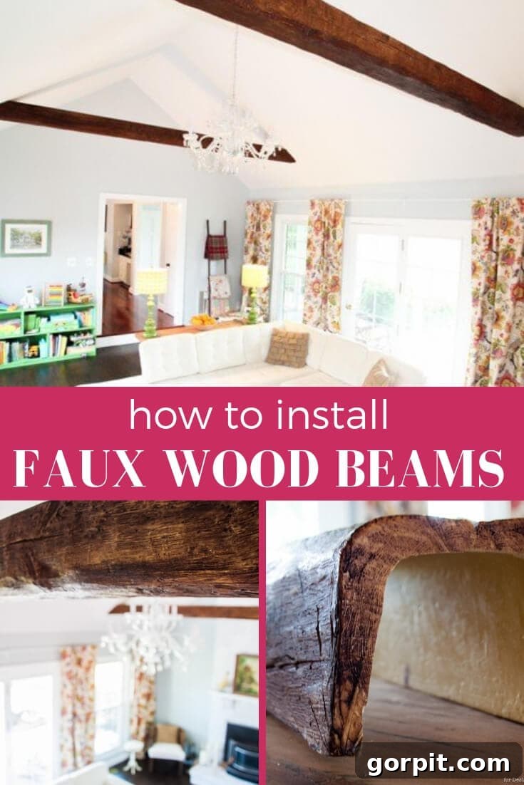 Faux Wood Beams Your Ceiling Masterpiece 2 Stunning living room with elegant faux wood beams adorning a high vaulted ceiling, creating a rustic yet refined aesthetic.