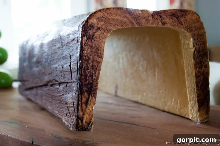 Faux Wood Beams Your Ceiling Masterpiece 10 An uninstalled U-shaped faux wood beam, showing its hollow interior and lightweight foam construction.