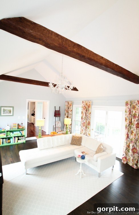 Faux Wood Beams Your Ceiling Masterpiece 14 Another perspective of the transformed family room with faux wood beams, showcasing the spacious and inviting atmosphere.