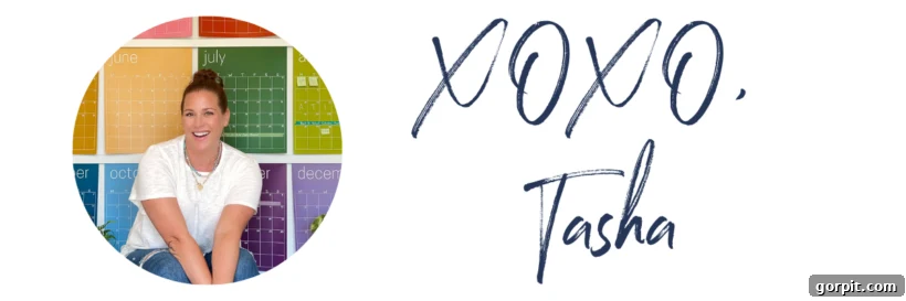 Blog post signature with a photo of Tasha Agruso of Kaleidoscope Living, an interior design and DIY expert