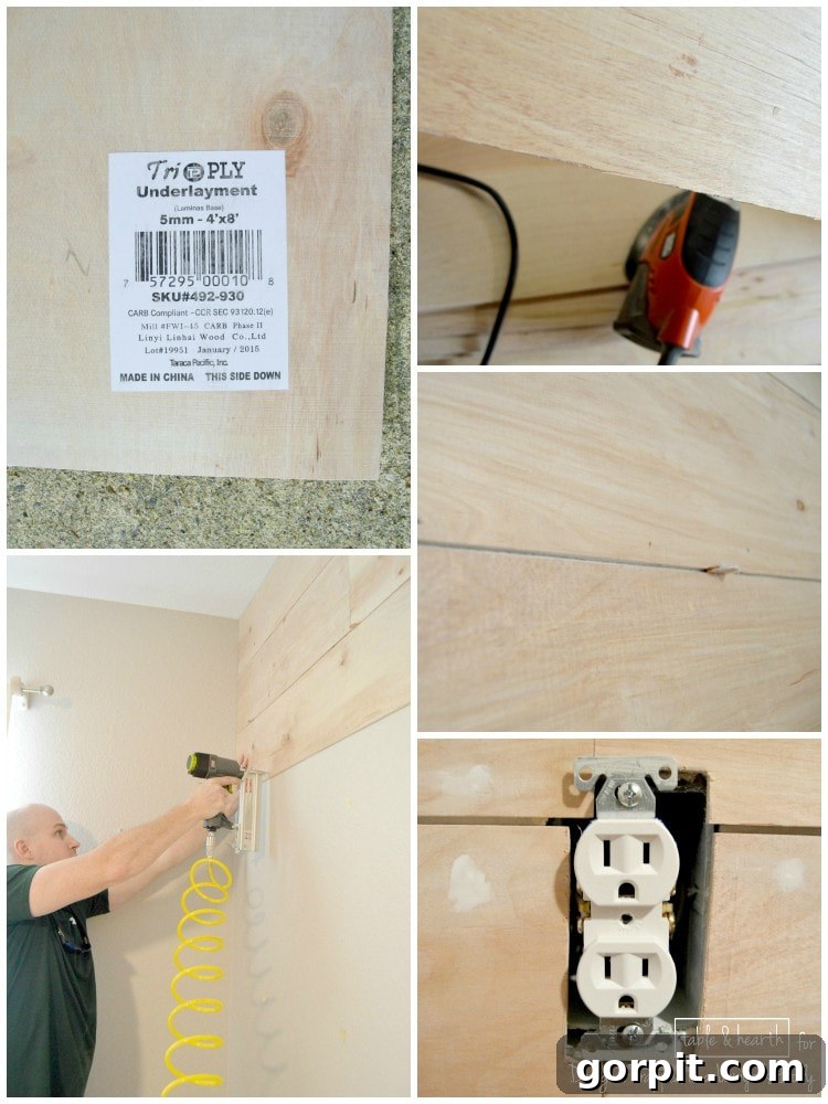 Installing DIY wood planks on a wall using a nail gun and spacers