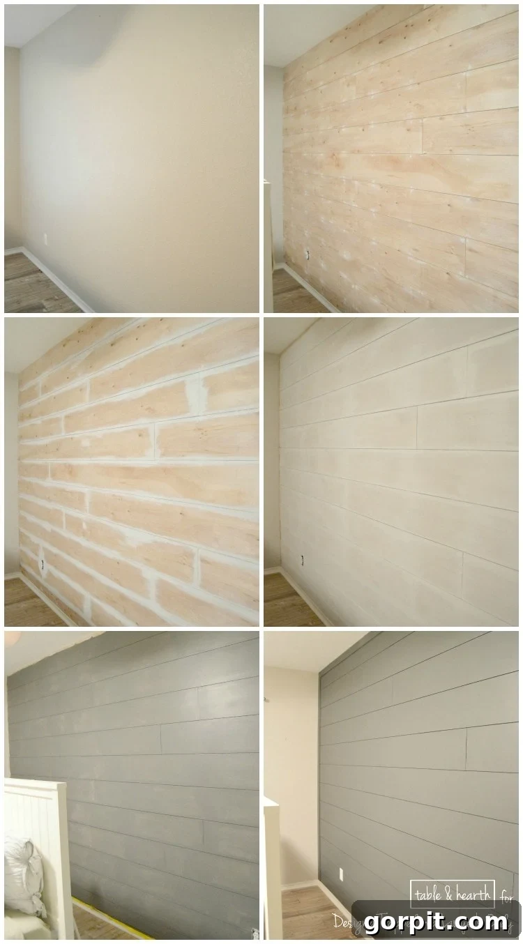 Before and after comparison of a guest room with a newly installed DIY wood plank wall