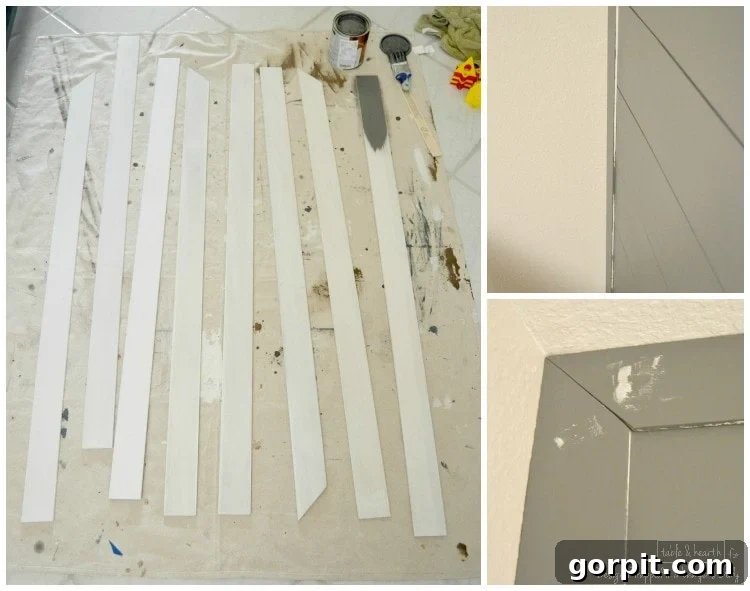 Finished DIY wood plank wall with decorative trim on top and sides