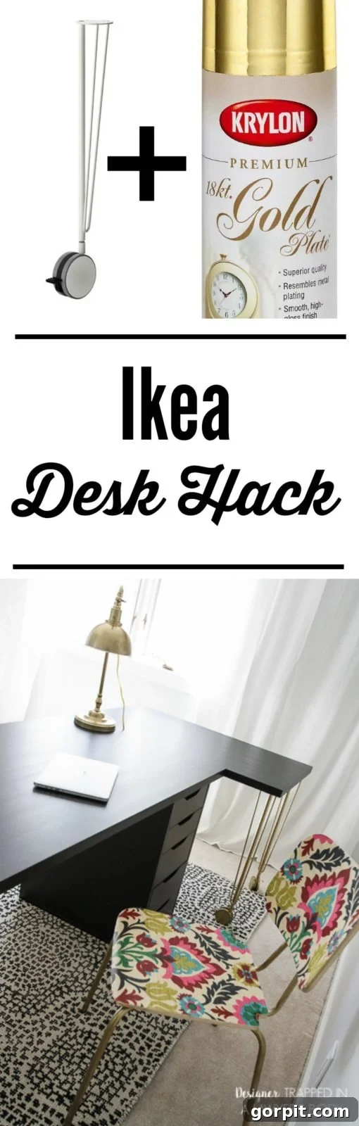Stunning Ikea desk hack featuring a white Linnmon top, Alex drawers, and custom gold Krille legs. Achieving a high-end look without the hefty price tag.