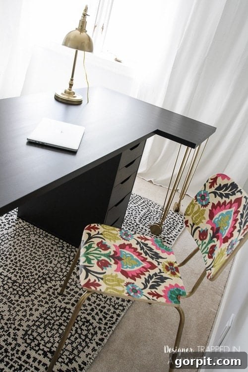 The sleek combination of an IKEA Linnmon desk, Alex drawer unit, and custom gold Krille legs creates a modern and functional workspace.
