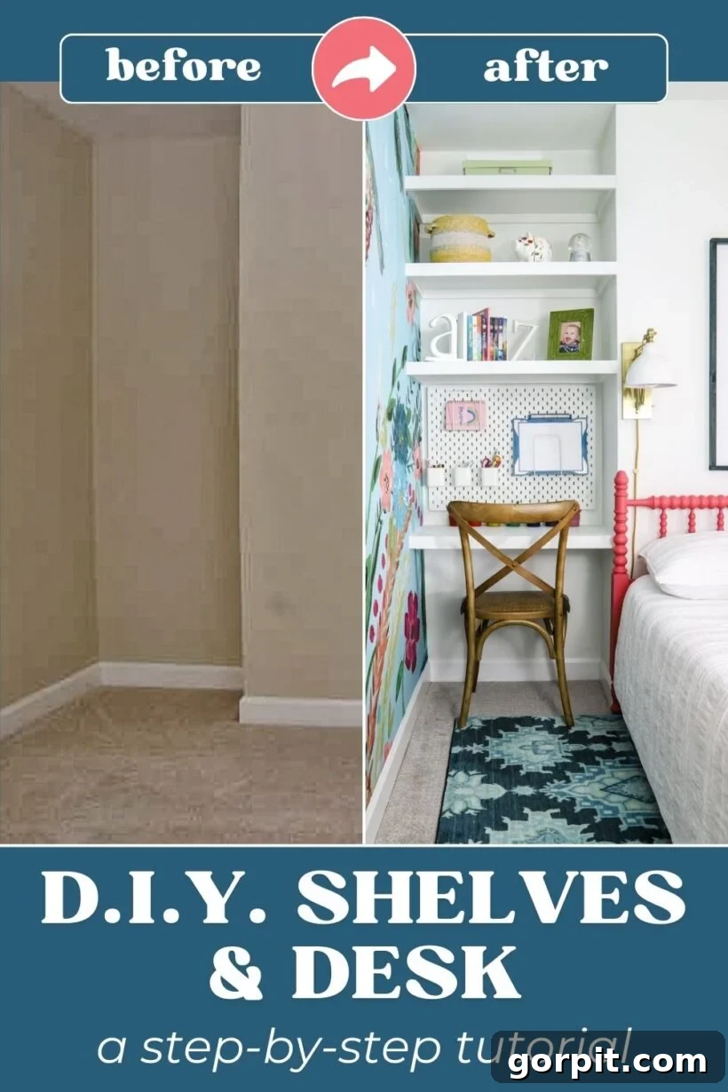 before and after transformation of awkward nook in girl's bedroom with DIY floating shelves and desk