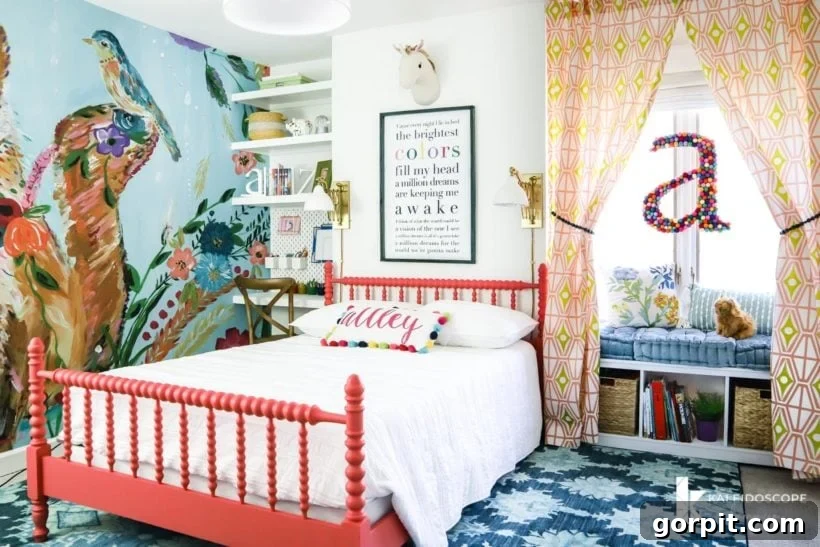 colorful girl's bedroom with wall mural and Jenny Lind bed