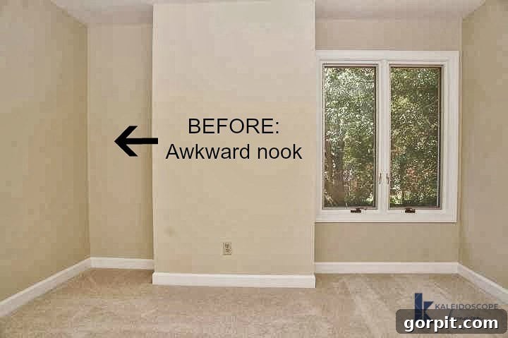 awkward nook created from fireplace chimney in room before adding DIY floating shelves