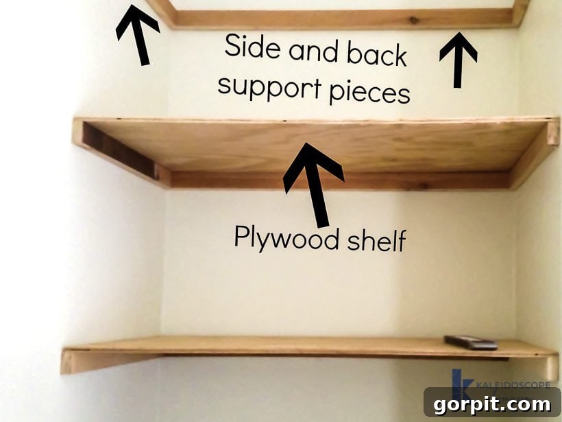 diagram showing assembly and wood pieces that make up DIY floating shelves