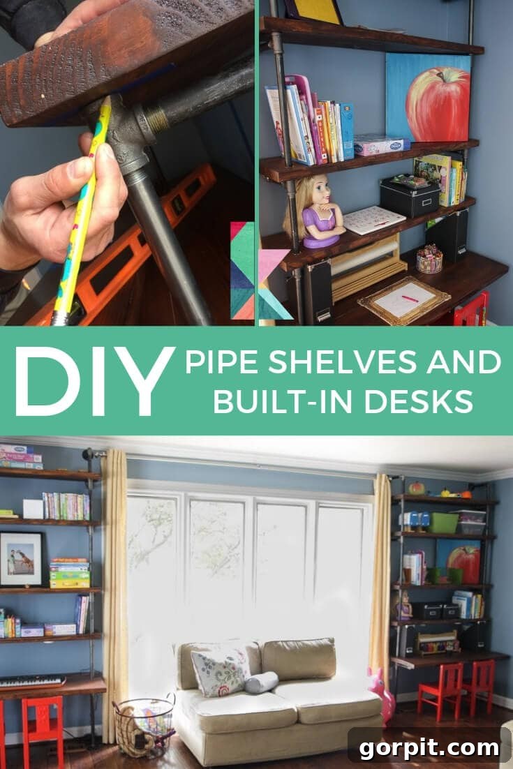 DIY industrial pipe shelves and built-in desks for stylish storage