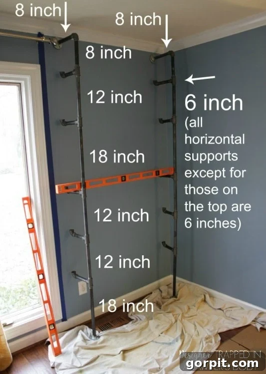 Diagram of DIY pipe shelf and desk structure with pipe lengths