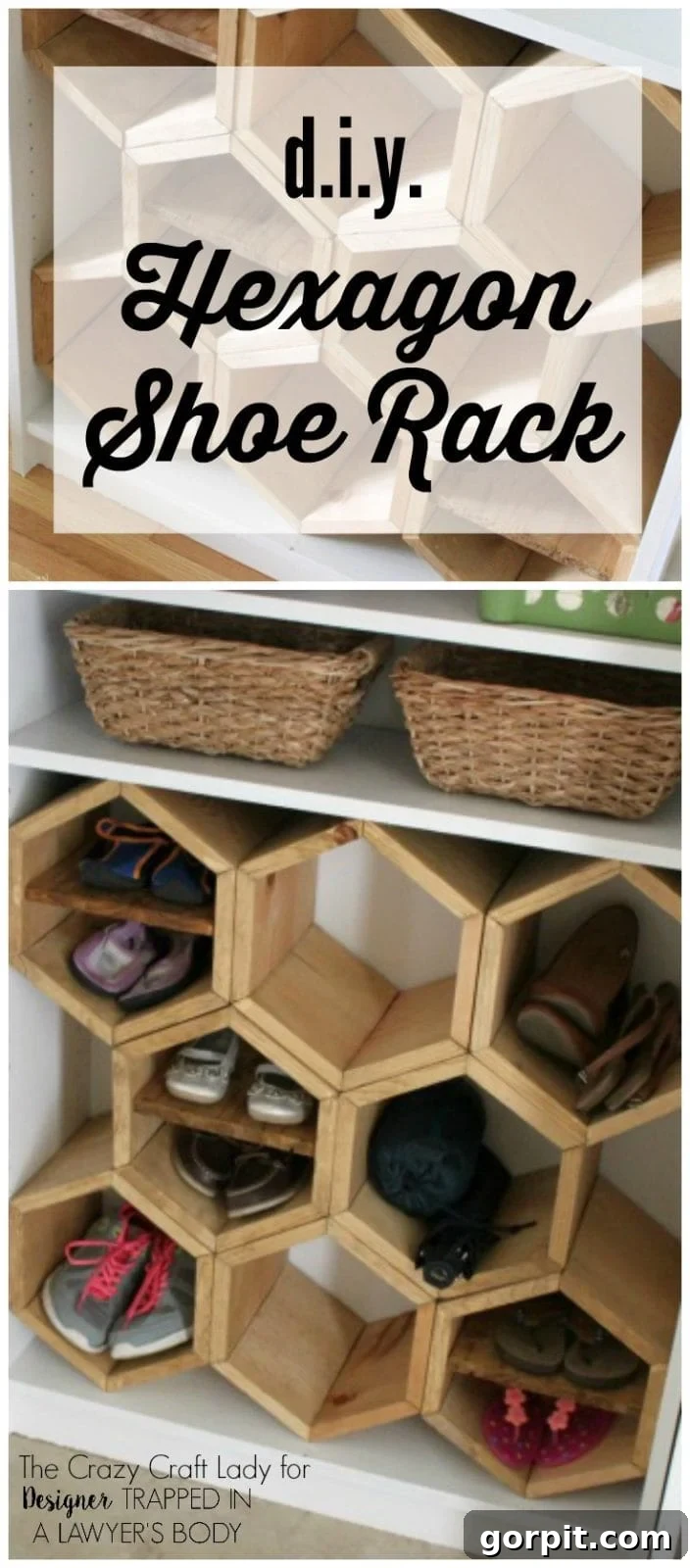Honeycomb Shoe Rack DIY 2 A rectangular graphic with two photos of a DIY shoe rack made from a bookcase and hexagonal wooden inserts. The text above reads,