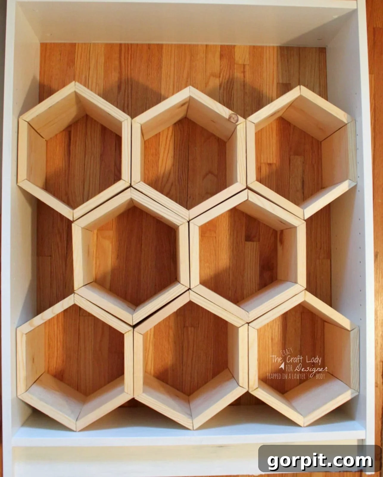 Honeycomb Shoe Rack DIY 13 DIY shoe rack parts seen from above show a honeycomb-style wooden shoe organizer with hexagon-shaped compartments arranged in a white Billy bookcase frame on a hardwood floor.