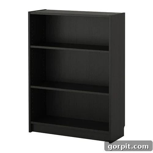 Honeycomb Shoe Rack DIY 5 Product picture of IKEA's Billy Bookcase in a dark stain on a stark white background. This bookcase will be transformed into a DIY shoe rack.