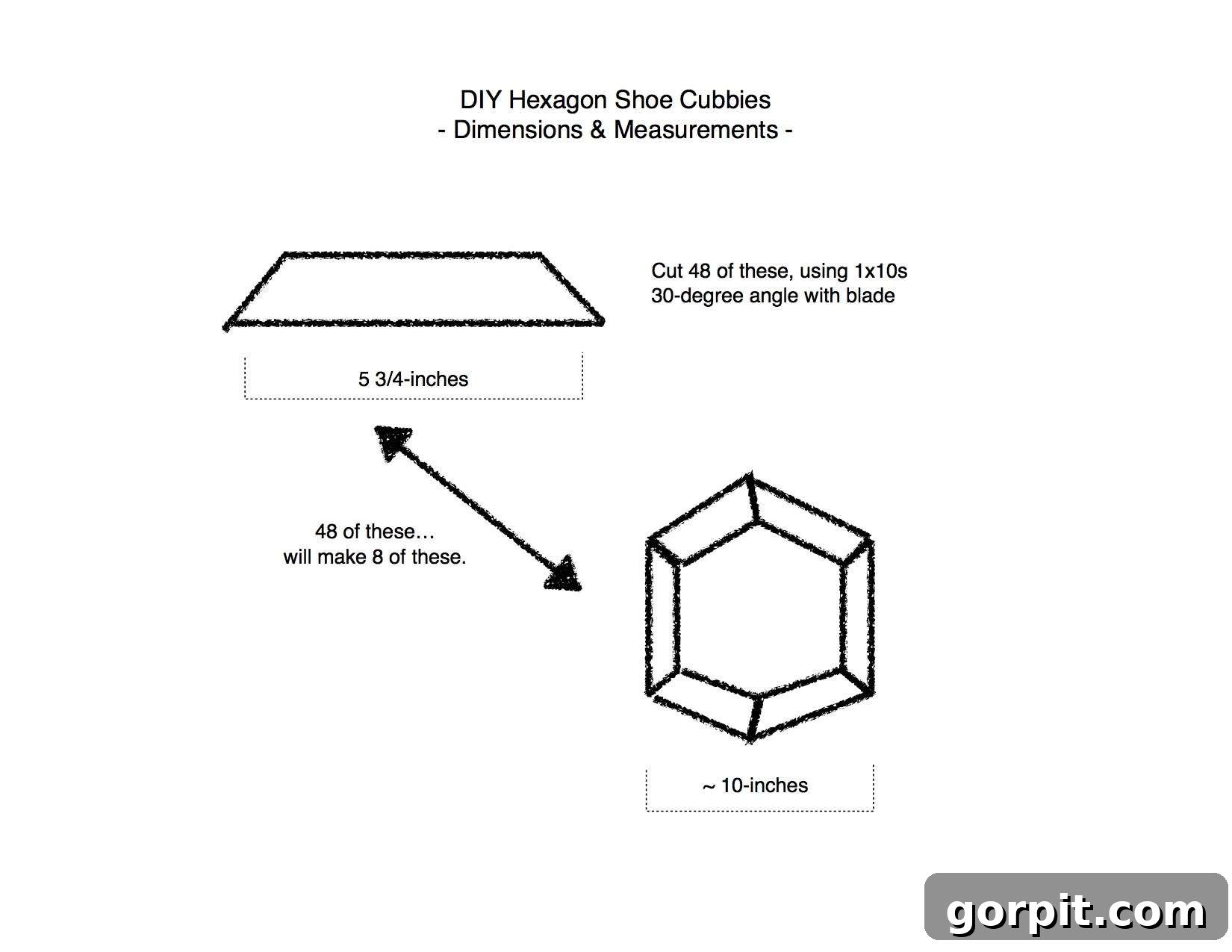 Honeycomb Shoe Rack DIY 6 A black and white diagram of hexagon inserts used for a DIY shoe rack. The title of the instructional reads, "DIY Hexagon Shoe Cubbies Dimensions and Measurements."