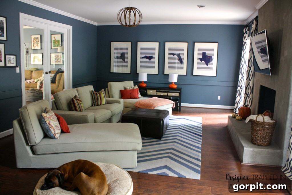 Transformed family room after laminate flooring installation, showing a modern, inviting aesthetic.