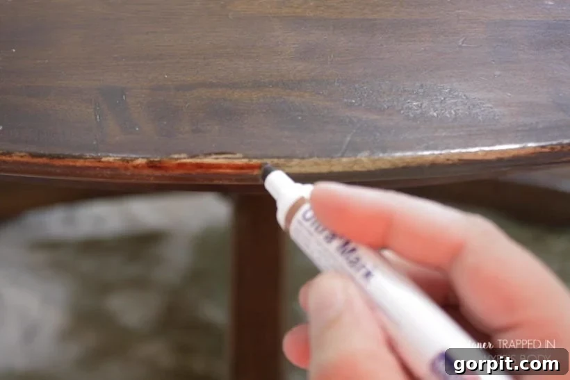 Applying furniture marker to restore the color of a worn table edge.
