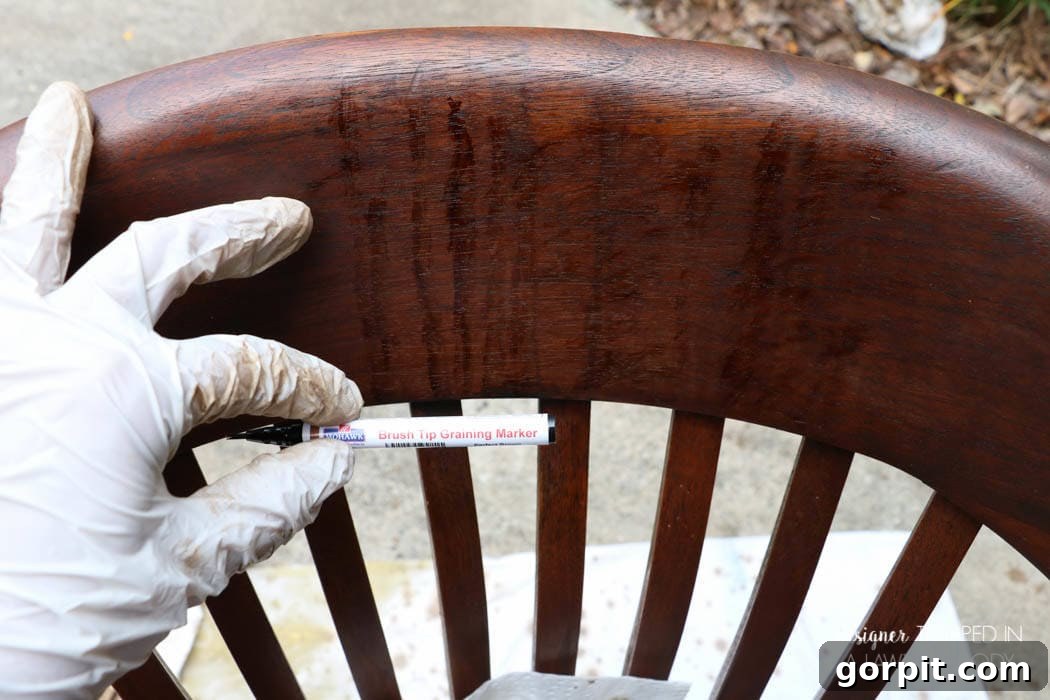 Revitalize Your Wood Chairs Effortlessly 13 Using Mohawk brush tip graining markers to camouflage drip marks on a wood chair back