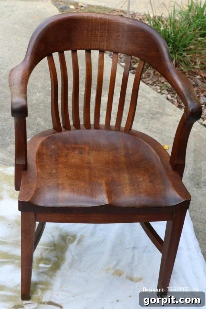 Revitalize Your Wood Chairs Effortlessly 18 Before photo of Chair #2 showing prominent drip marks on the back