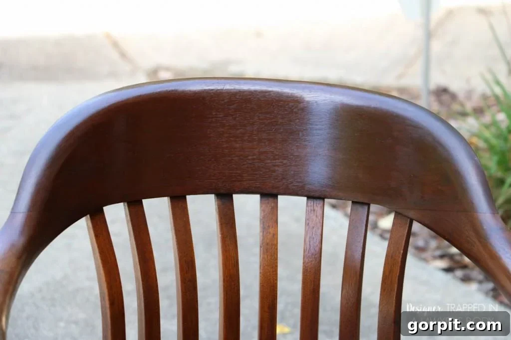 Revitalize Your Wood Chairs Effortlessly 21 After photo of Chair #2, close-up, showing smooth and even finish