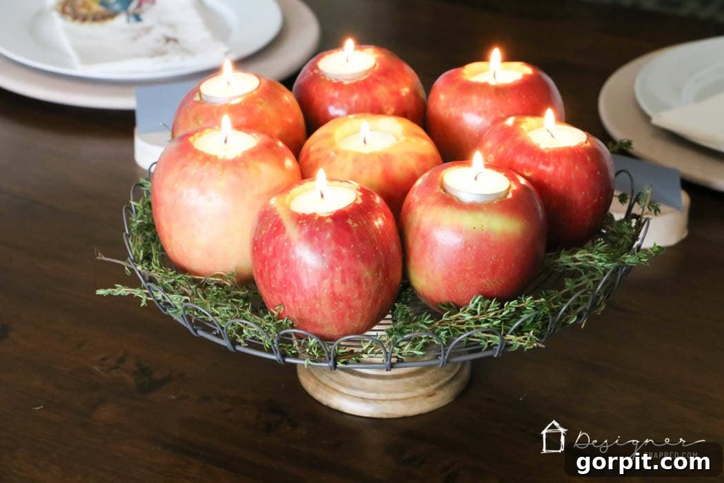 Sweet-Scented Apple Candles: Your DIY Guide 6 Finished fresh apple tealight candle holders beautifully arranged in a table centerpiece